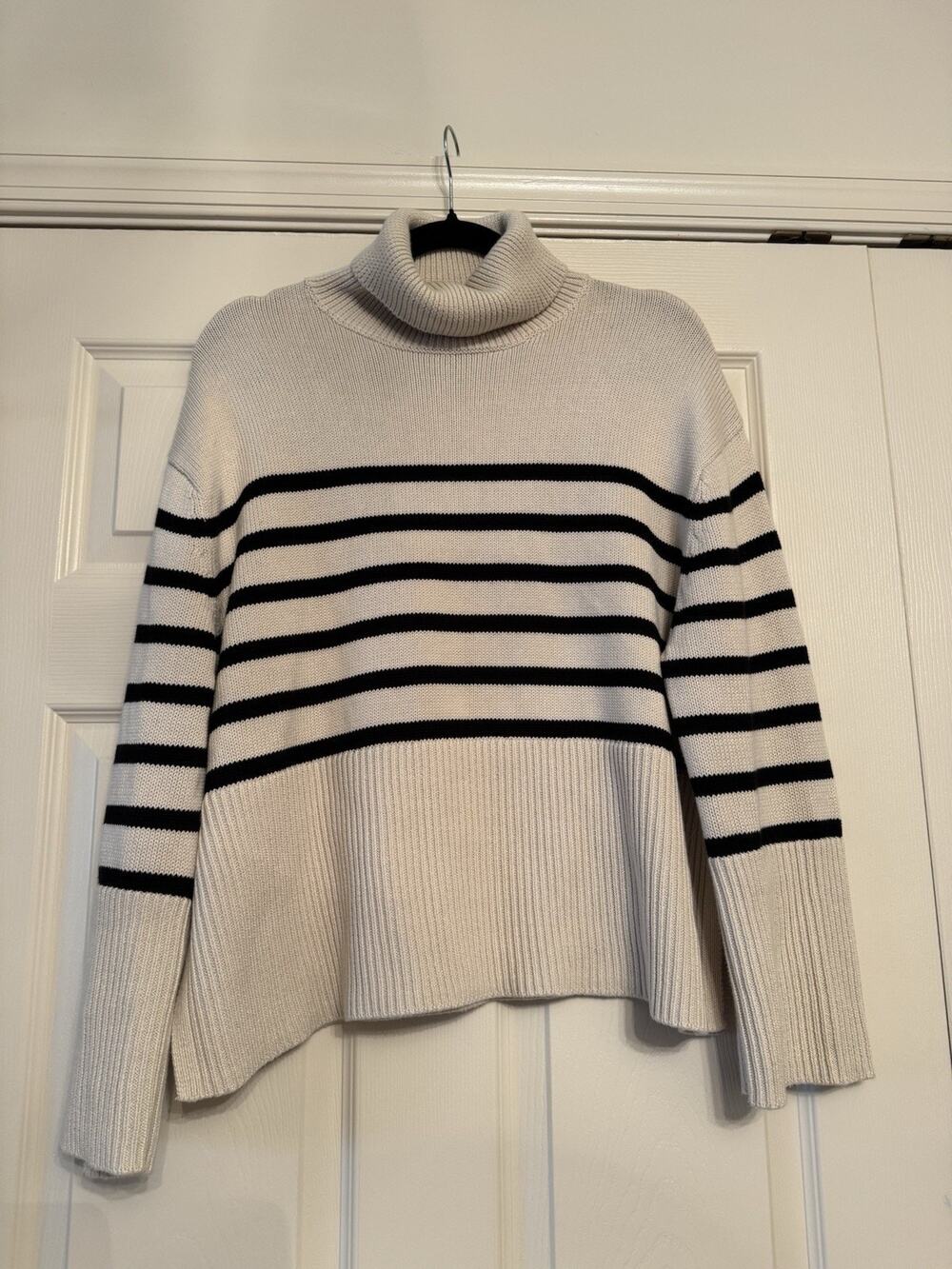GAP Costal Core Cream Black Striped Cotton Turtleneck Knit Sweater Side Slit